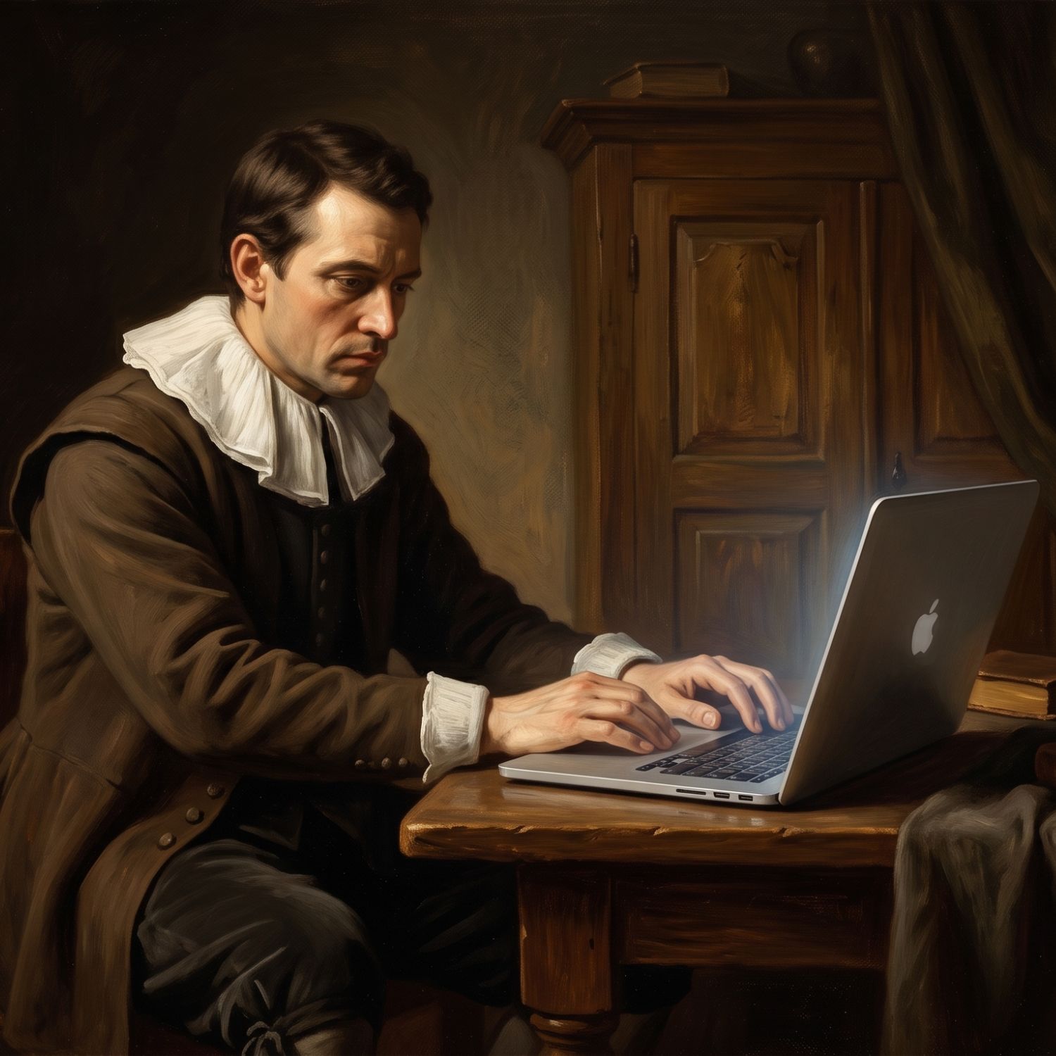Painting of a person focused calmly on their laptop at a clean desk