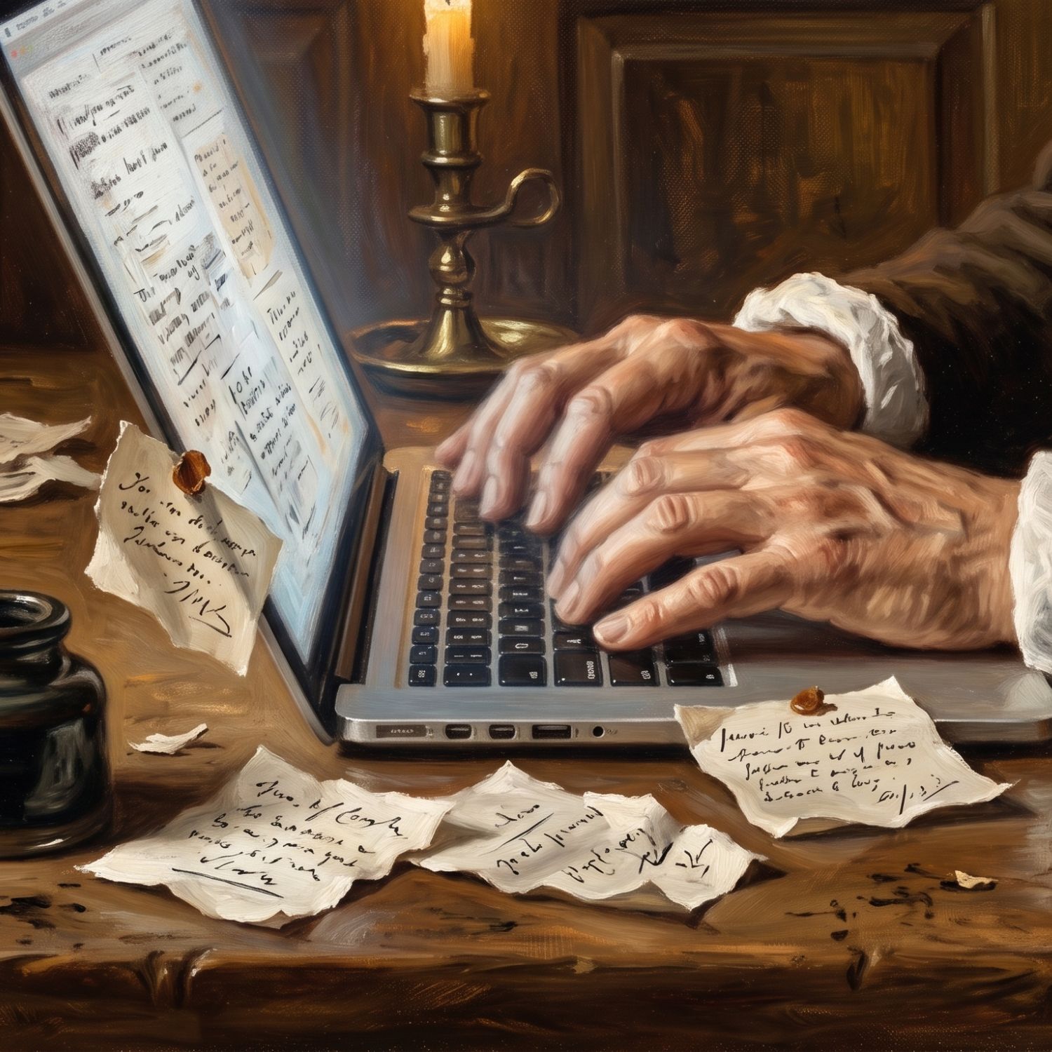 Painting of hands typing on a laptop surrounded by scraps of handwritten notes