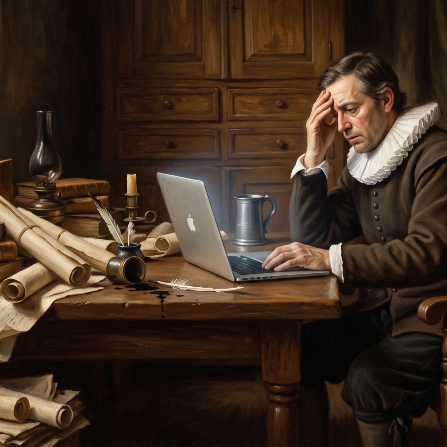 Painting of a person overwhelmed at a cluttered desk full of scrolls, staring at a laptop
