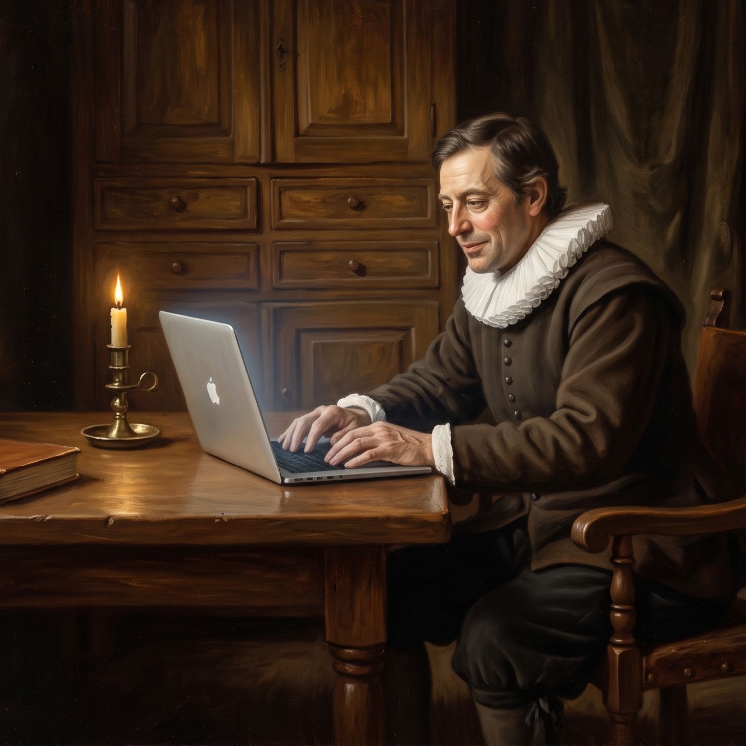 Painting of a person focused calmly on their laptop at a clean desk